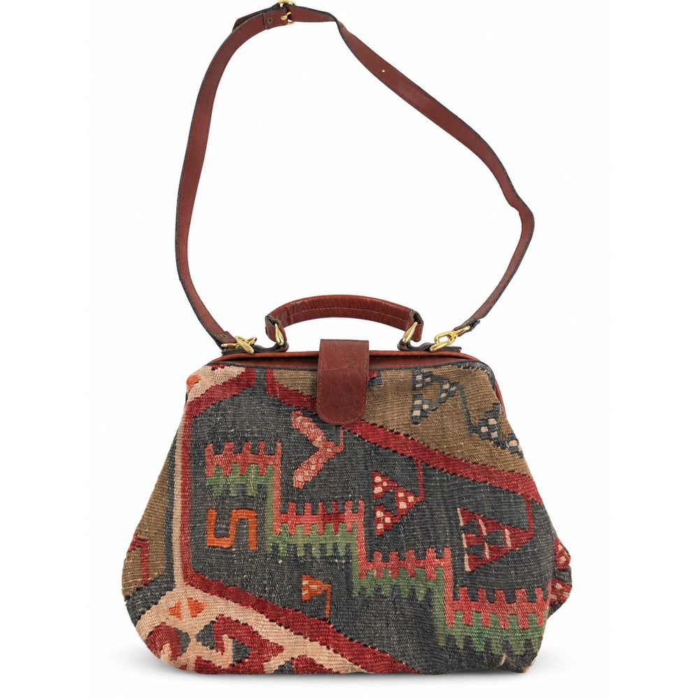 Vintage Kilim Tapestry Leather Trim Doctor Brown Multi Geometric Crossbody Bag